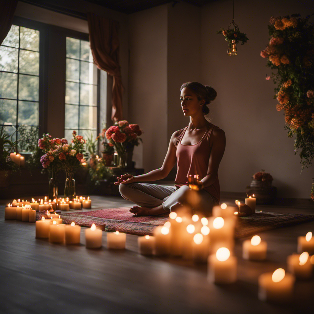 An image showing a serene, sunlit room with a person sitting cross-legged on a yoga mat, surrounded by candles, as ethereal energy flows through their hands and connects with vibrant, blooming flowers