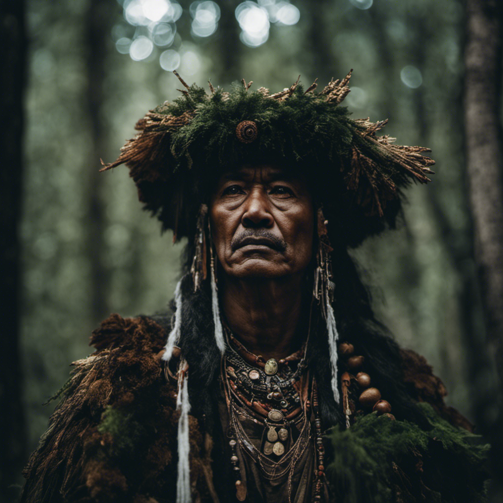 An image that portrays a shaman standing alone in a dense forest, their eyes filled with weariness, surrounded by fading ethereal spirits, symbolizing the weight of their vulnerabilities and the daunting challenges they face