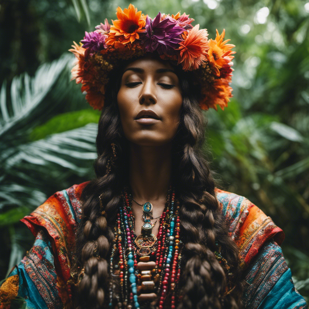 An image featuring a shamanic practitioner immersed in nature, surrounded by vibrant flora and fauna