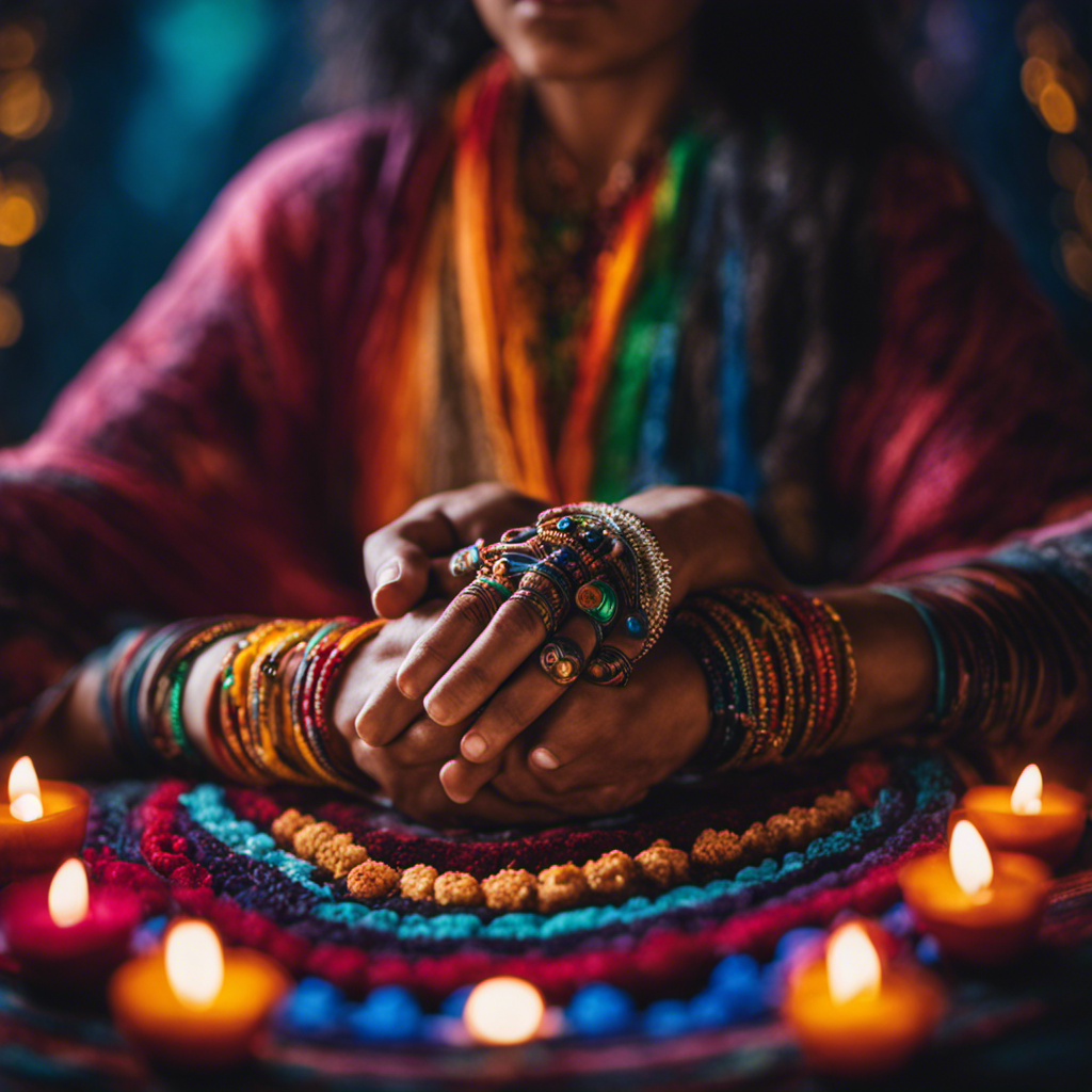 An image showcasing a shamanic healer surrounded by vibrant energy, their hands gently touching a person's body, as colorful chakras align and intertwine, symbolizing the integration of energetic centers in healing practices