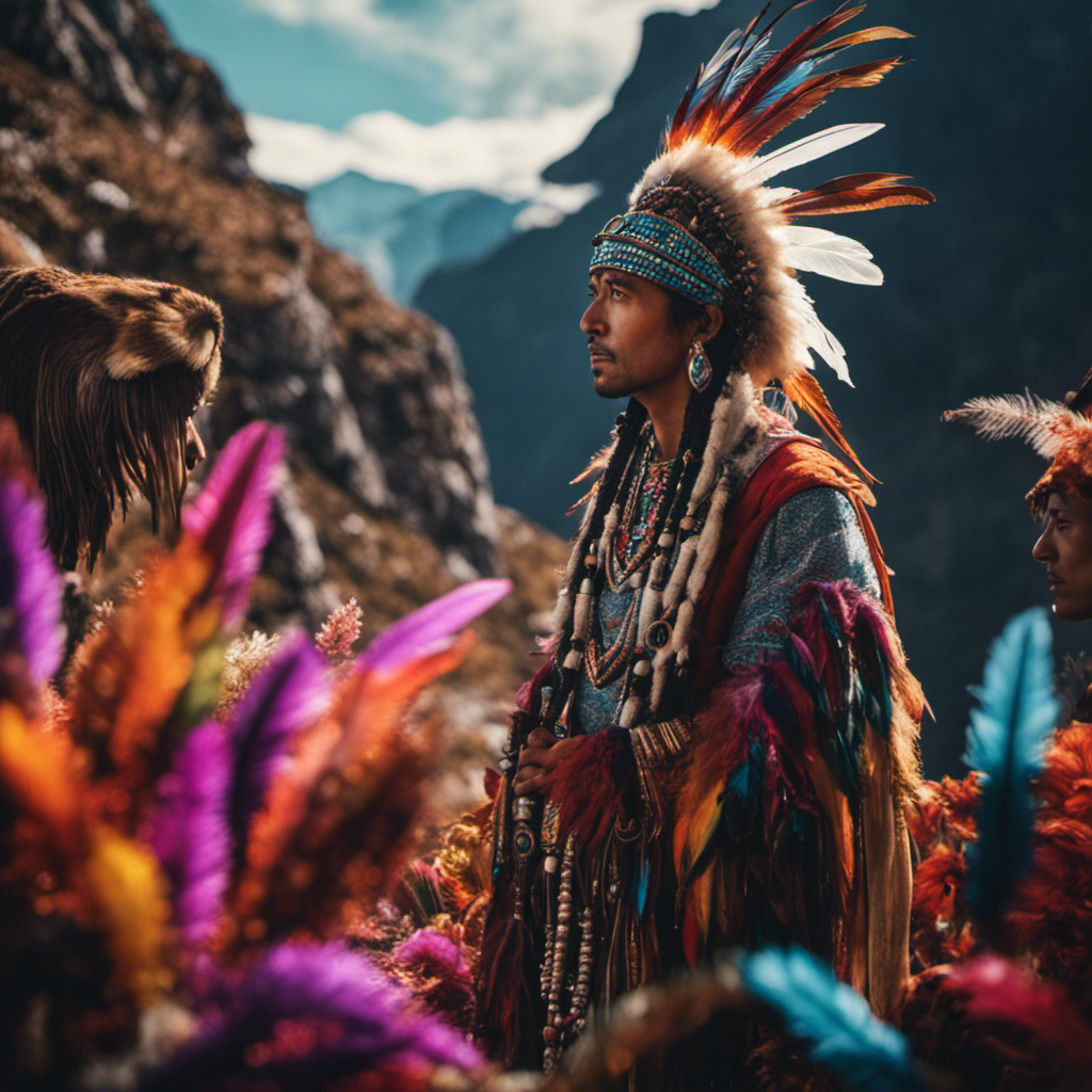 An image showcasing a vibrant, ethereal landscape where a shaman, adorned with feathers and crystals, stands atop a sacred mountain, communing with spirit animals amidst swirling cosmic energies
