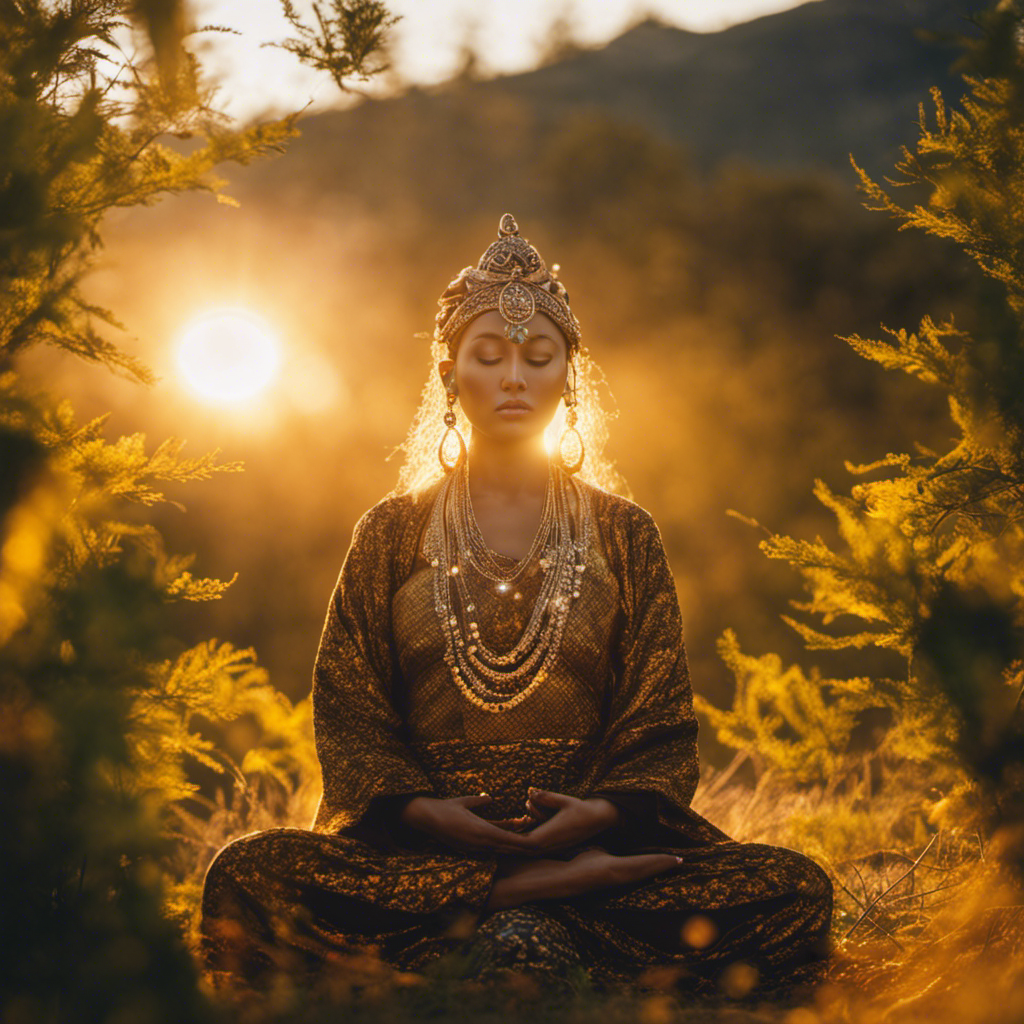 An image that captures the essence of shamanism meditation: a solitary figure, surrounded by vibrant nature, basking in golden sunlight, eyes closed, hands extended towards a celestial, otherworldly presence