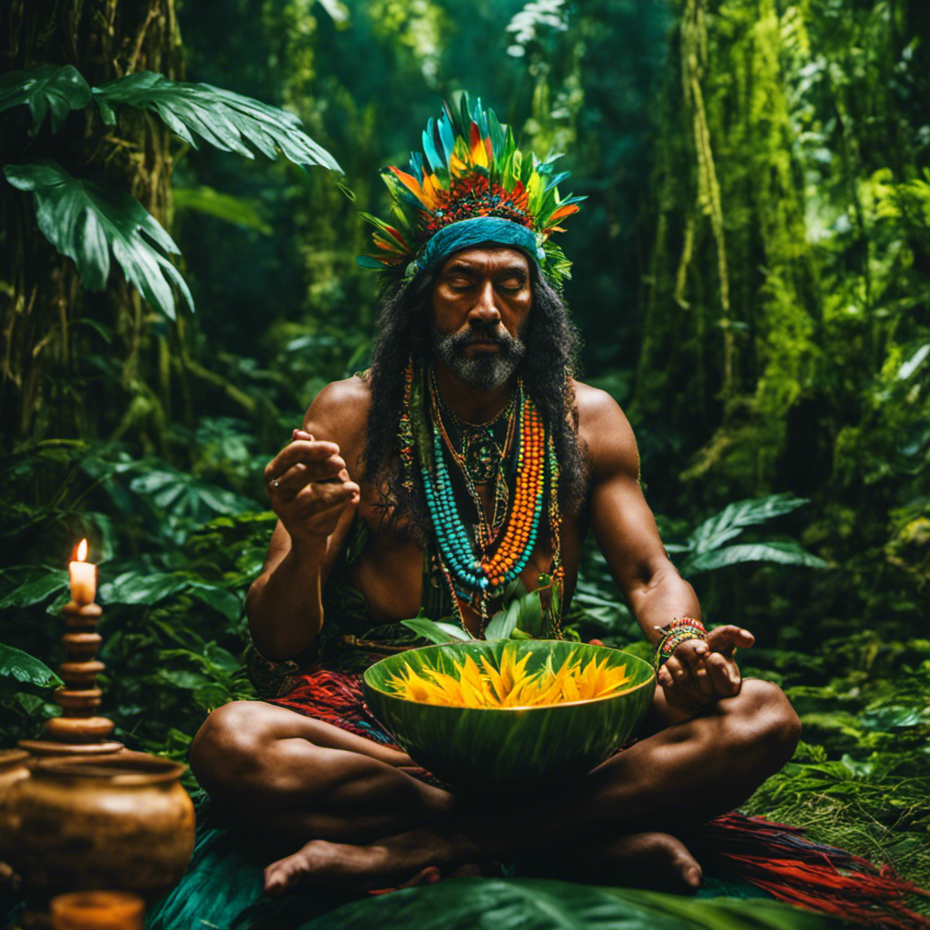 An image showcasing a lush rainforest with a shaman sitting cross-legged in front of a vibrant, towering Ayahuasca vine, adorned with colorful feathers and holding a bowl filled with sacred plant medicine, invoking a sense of ancient healing practices