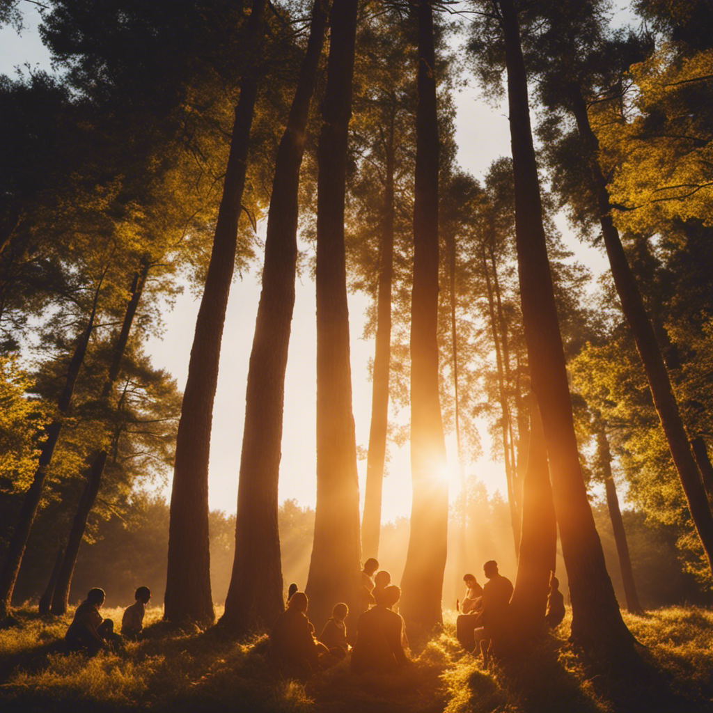 An image of a serene sunset over a tranquil forest, where diverse individuals from various cultures gather in a circle, joining hands and embracing one another, symbolizing the unity and shared universal essence of spirituality