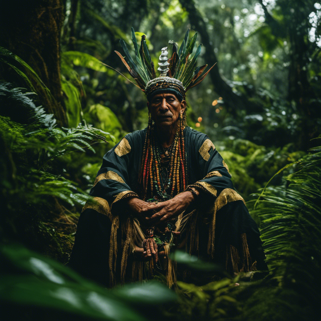 An image showcasing a shaman deep in a lush rainforest, surrounded by ethereal spirits as they commune with nature, invoking ancient rituals, and unlocking the secrets of the mystical realm