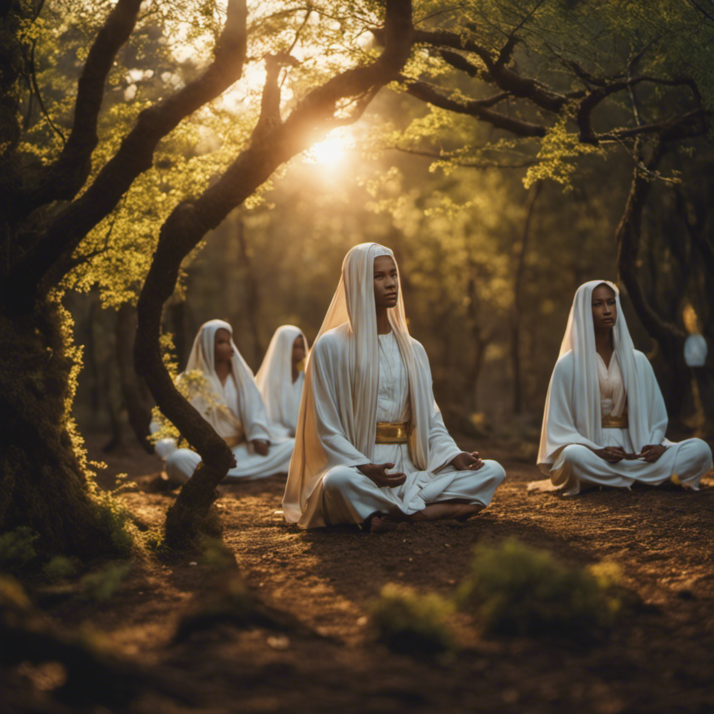 An image depicting a serene grove illuminated by the soft glow of a rising sun, where figures adorned in flowing garments engage in meditation, symbolizing the historical origins of the New Age Movement