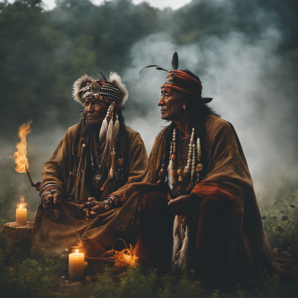 An image showcasing a Shaman and a Medicine Man side by side, highlighting their distinct practices: the Shaman enveloped in ethereal mist, connecting with spirits, and the Medicine Man grounded, utilizing herbal remedies and healing rituals