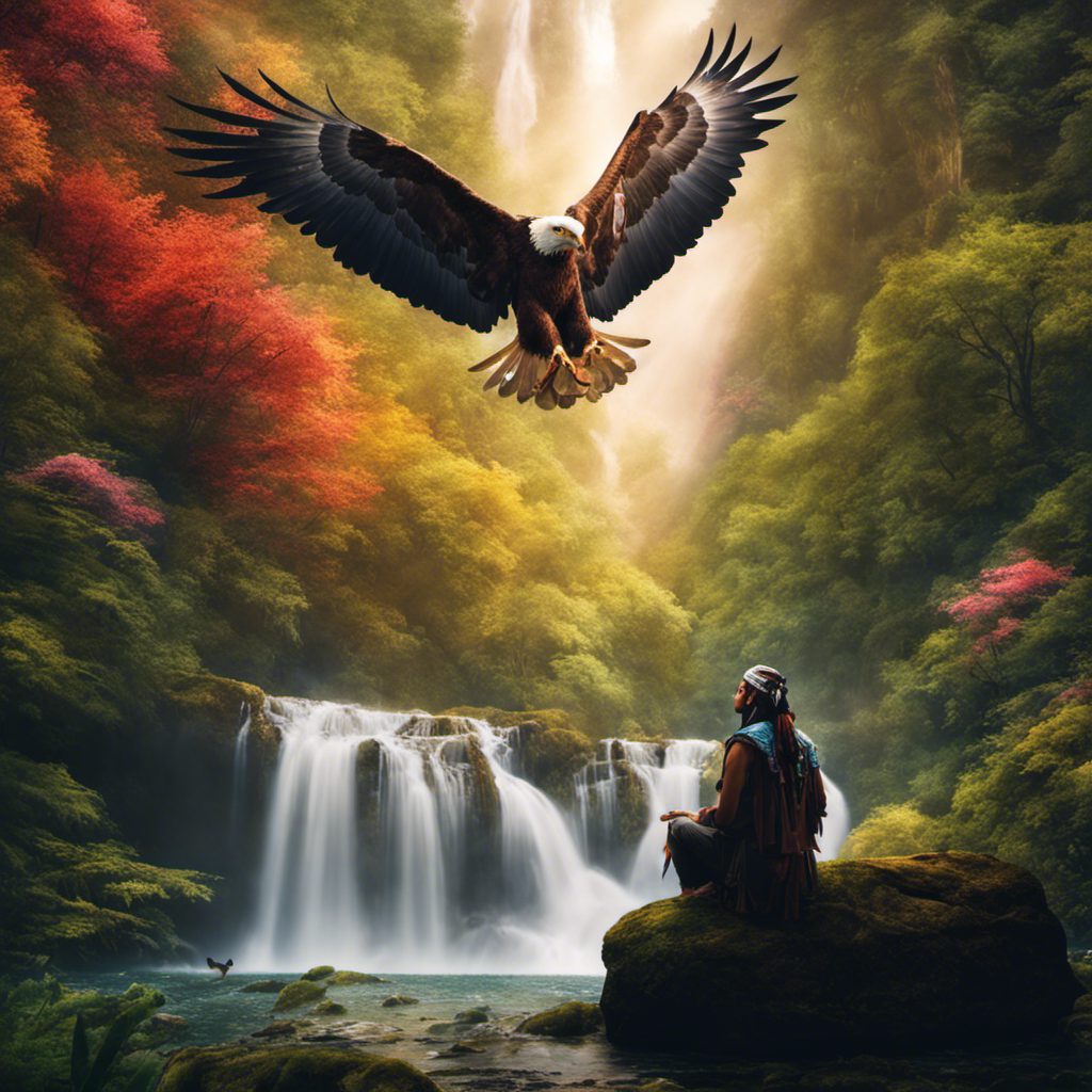 An image depicting a serene forest clearing, where a shaman sits cross-legged amidst vibrant flora, communing with a majestic eagle in flight overhead, while a gentle waterfall cascades nearby