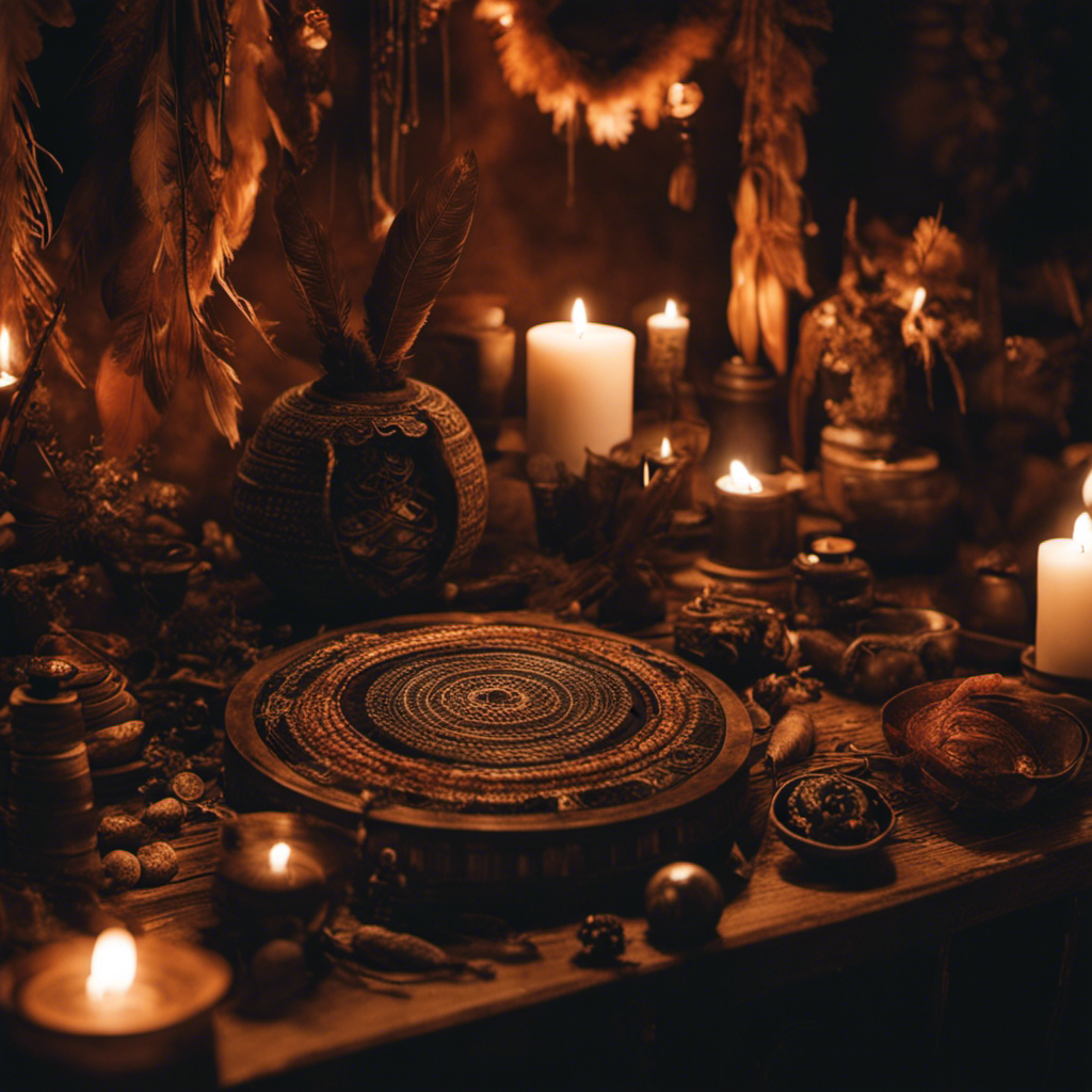 An image of a dimly lit, intricately adorned space, with a central hearth emanating a warm glow