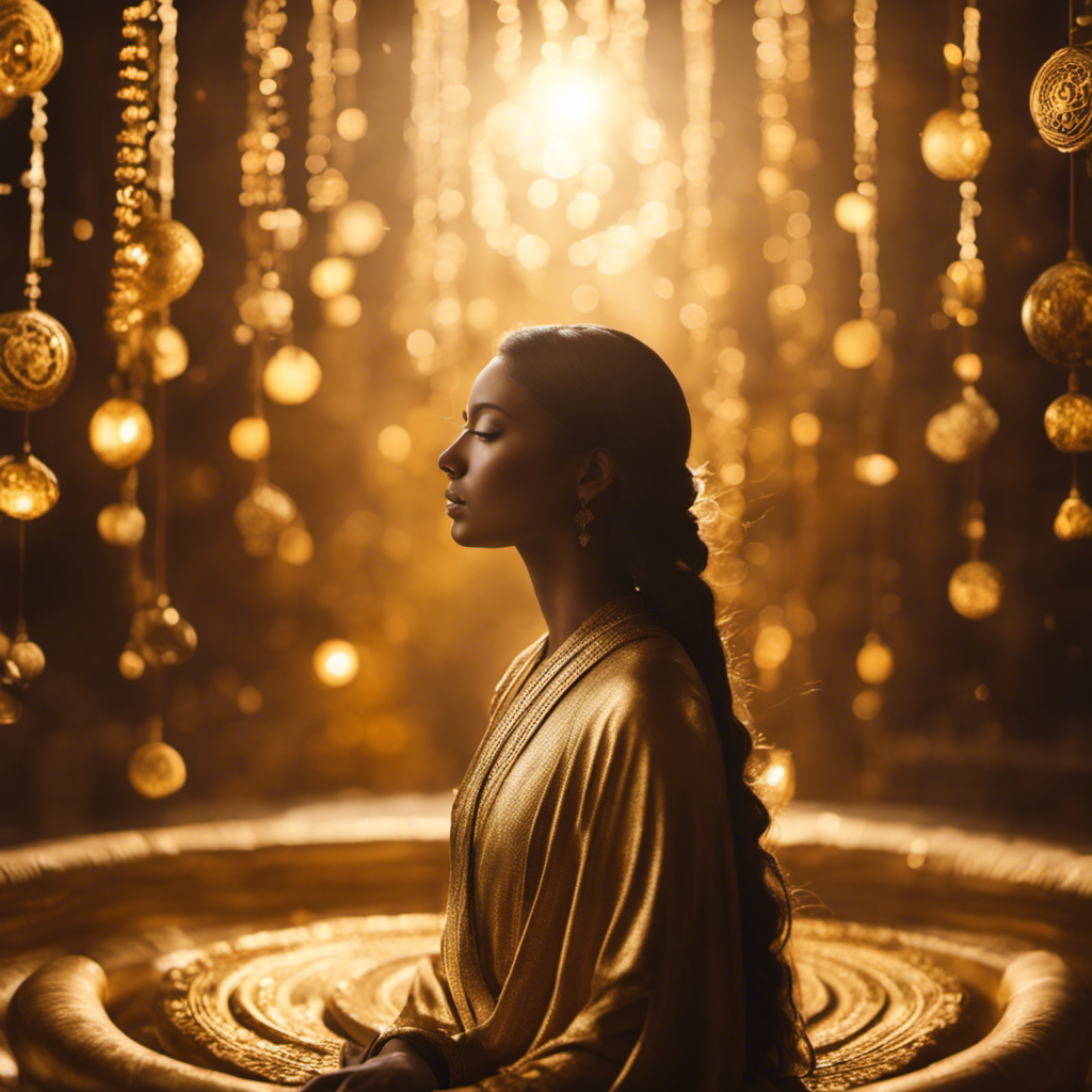 An image showcasing a serene figure bathed in golden light, surrounded by ethereal symbols of enlightenment and interconnectedness, radiating profound tranquility and spiritual connection with the higher self