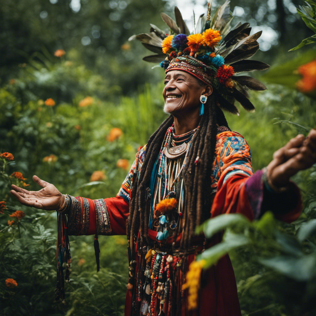 An image showcasing a shaman communing with nature, surrounded by vibrant flora and fauna
