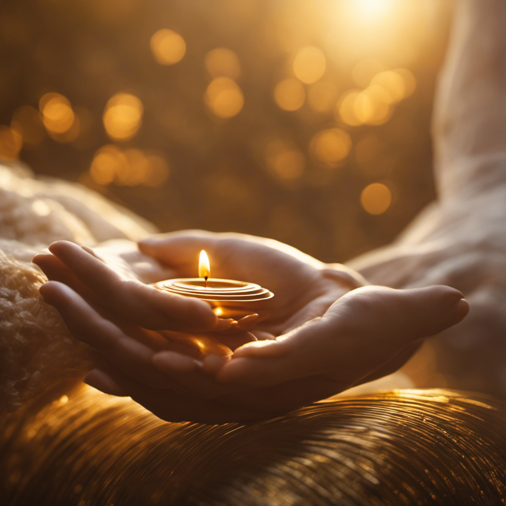 An image that captures the essence of Reiki: a serene, ethereal figure bathed in warm golden light, hands gently cradling gentle ripples of energy, radiating healing vibrations into the world