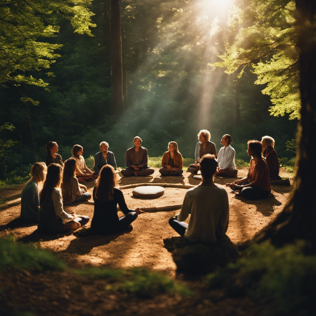 An image capturing a serene, sunlit forest clearing with diverse individuals seated in a circle, their faces radiating tranquility as they engage in meditation, symbolizing the New Age Spiritual Movement's pursuit of oneness and cosmic awareness