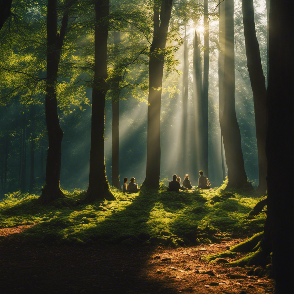 An image showcasing a serene forest bathed in soft morning sunlight, with individuals meditating under ancient, towering trees