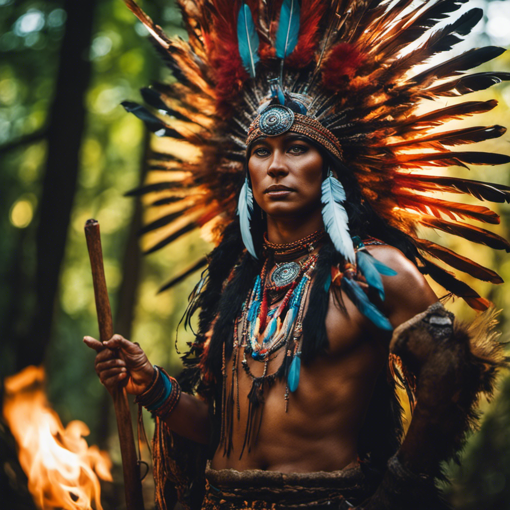 An image showcasing a shaman, adorned in vibrant feathers and intricate body paint, standing within a mystical forest