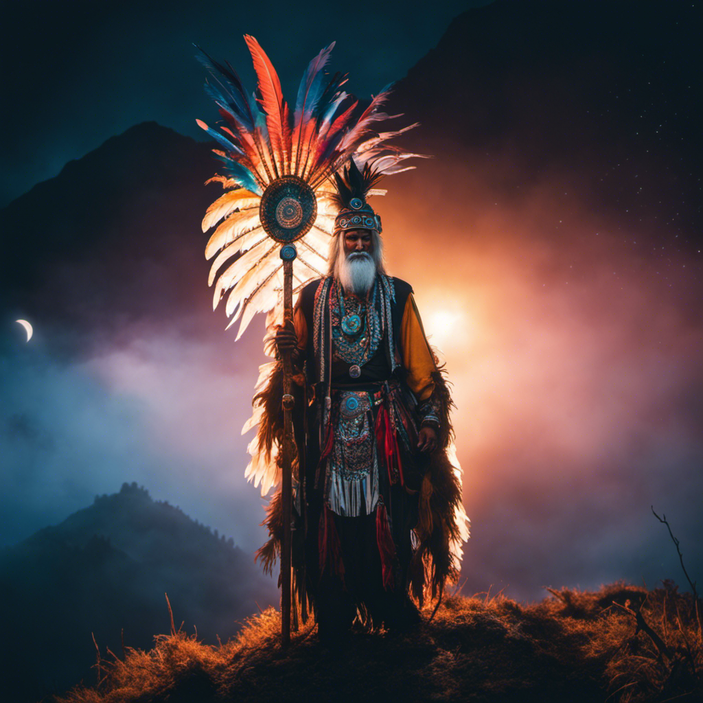 An image of a shaman standing atop a mist-covered mountain, adorned in vibrant feathers and holding a ceremonial staff, surrounded by ethereal spirits and illuminated by a radiant moon