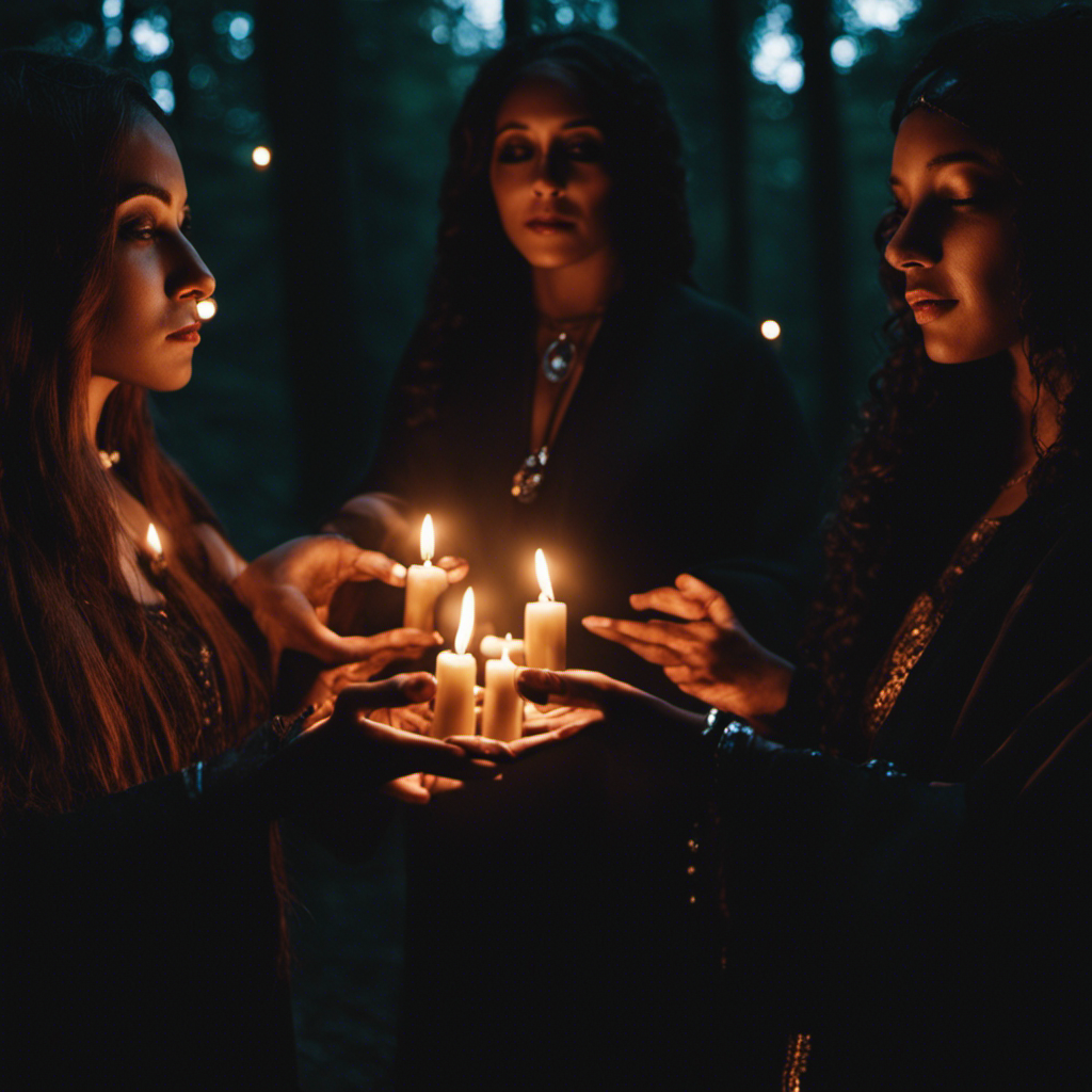 An image showcasing the power of belonging to a Wiccan coven: A circle of diverse individuals, hands clasped, bathed in soft moonlight, standing amidst a lush forest, with candles illuminating their faces and an aura of unity and magic surrounding them