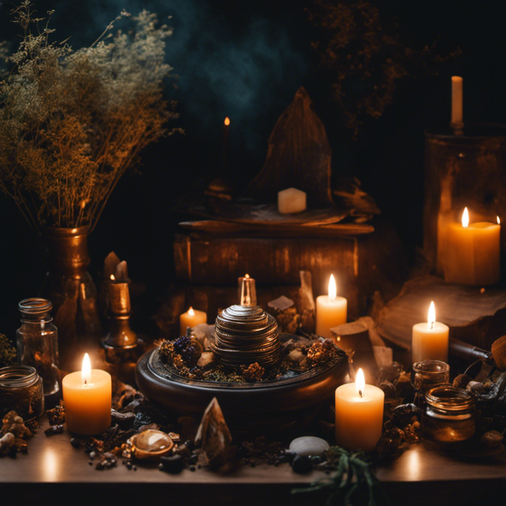 An image showcasing a witch's altar adorned with an array of protection amulets, nestled amongst dried herbs, crystals, and flickering candles, evoking an atmosphere of mystical reverence and ancient rituals