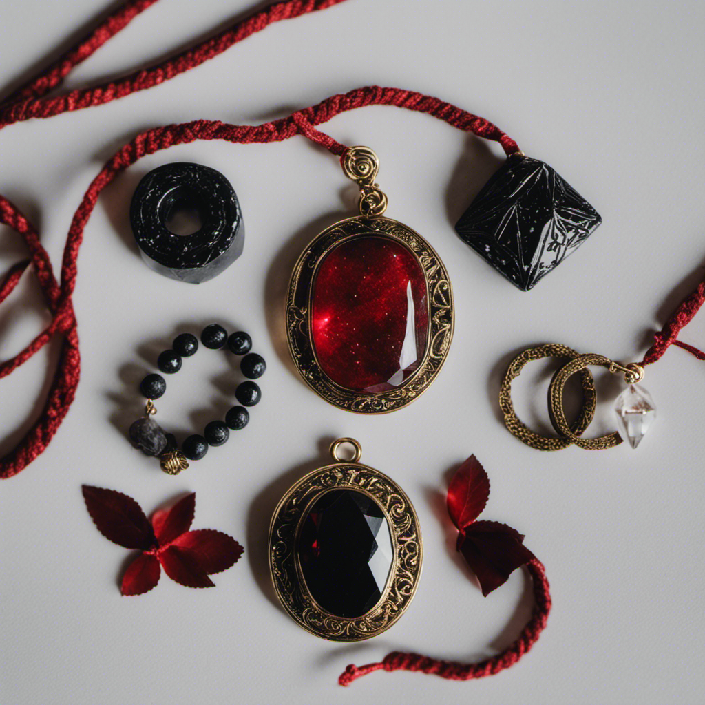 An image showcasing various types of protection amulets used in witchcraft: a shimmering black tourmaline pendant, a dried herb sachet, a carved obsidian talisman, a red string bracelet, and a crystal pendulum