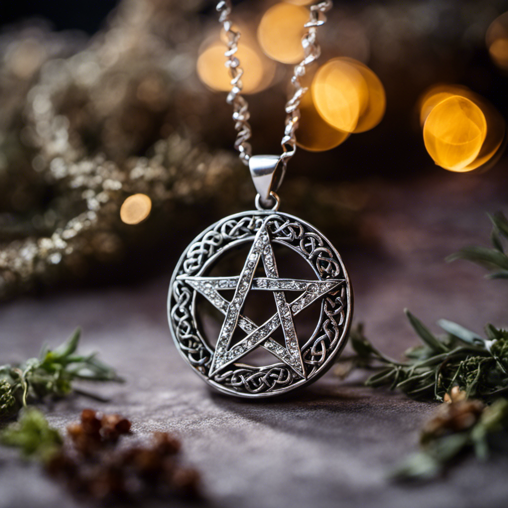An image showcasing a silver pentagram pendant, adorned with intricate Celtic knotwork, surrounded by shimmering crystals and dried herbs, symbolizing the potent and mystical protection offered by amulets in witchcraft