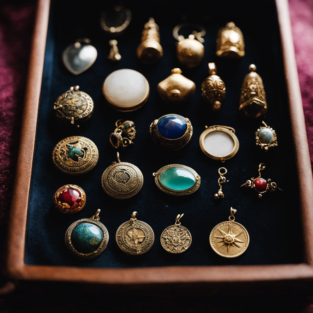 An image showcasing an array of protection amulets in various shapes, sizes, and materials, beautifully displayed on a velvet-lined tray