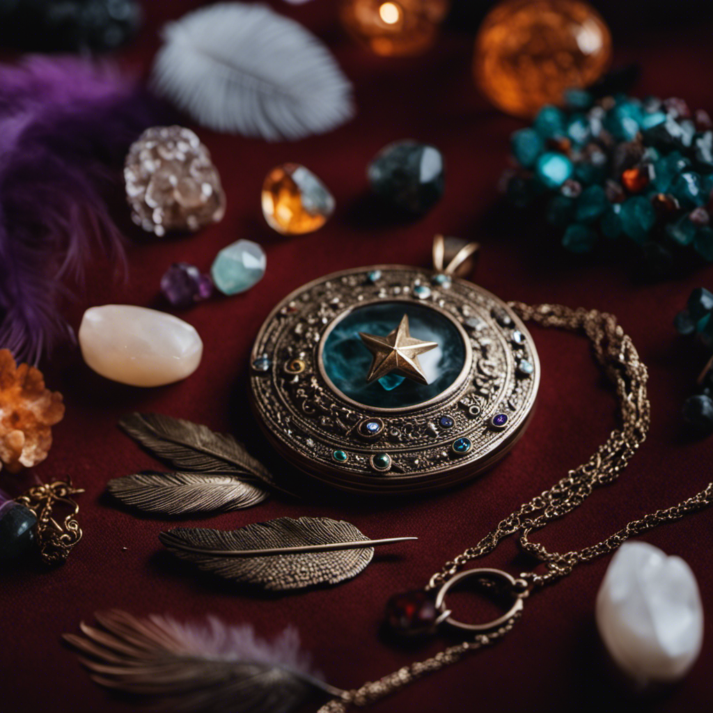 An image showcasing a witch crafting a protection amulet, surrounded by an array of personalized items like feathers, gemstones, and symbols, accentuating the individual's unique connection to the amulet's power