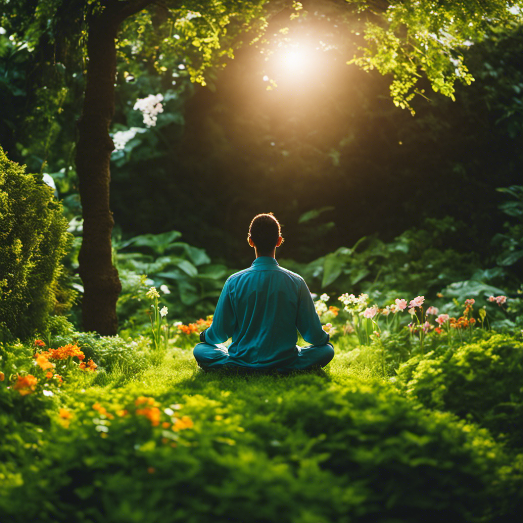 An image that portrays a serene scene of a person meditating in a lush, vibrant garden surrounded by glowing energy, symbolizing the profound psychological impact of Reiki in fostering inner peace and spiritual growth