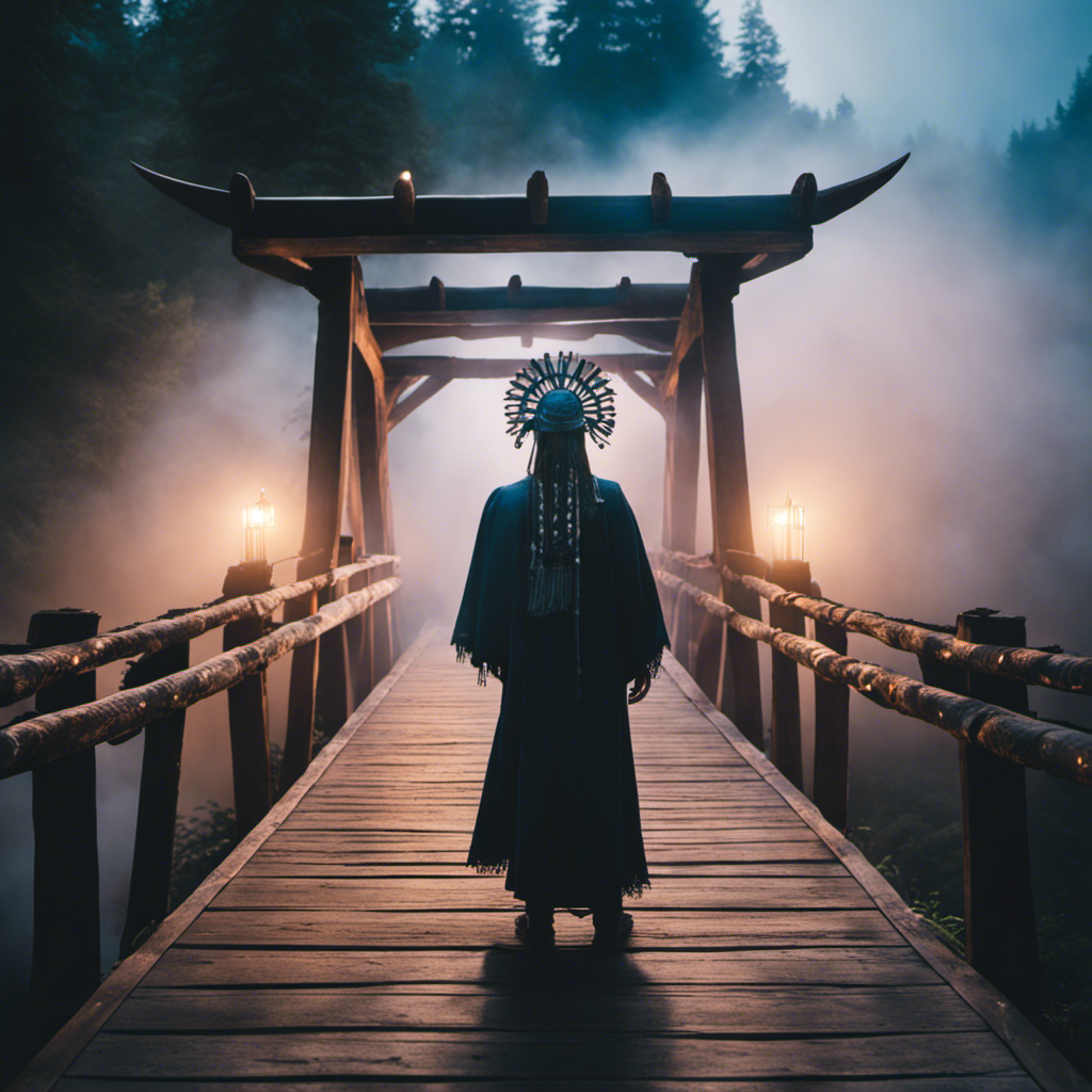 An image depicting a shaman standing on a mystical, fog-covered bridge, connecting a lush, vibrant earthly realm to a celestial realm adorned with radiant stars and ethereal beings