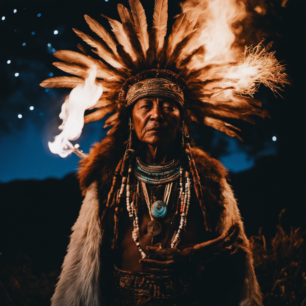 An image capturing the ancient origins of shamanism: a solitary figure, clad in animal skins, surrounded by lush foliage, communing with the spirits through a smoky ritual fire under a starlit night sky