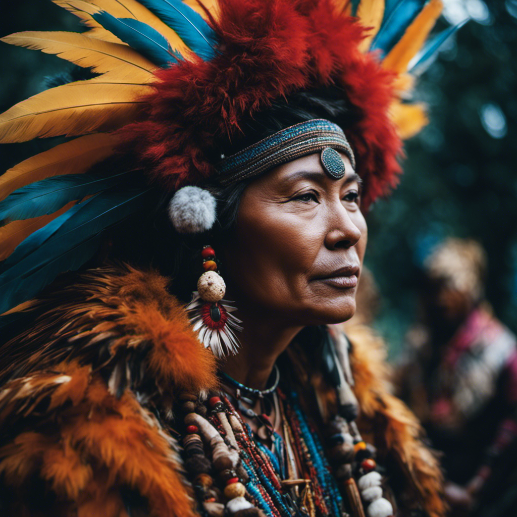 An image capturing the essence of shamanic traditions: a solitary figure adorned in vibrant feathers and furs, surrounded by sacred objects like rattles, drums, and healing herbs, connecting with the natural world through a transcendent trance dance