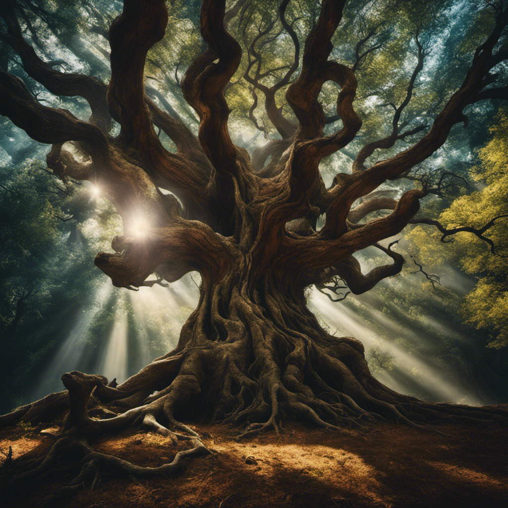 An image that captures the essence of shamanic entities, depicting a towering ancient tree with gnarled roots, emanating a vibrant aura of energy, while wise spirits of animals and ethereal beings intertwine among its branches