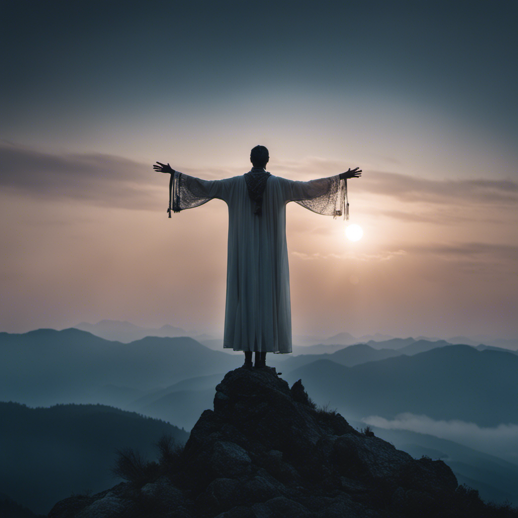 An image of a solitary figure, bathed in ethereal moonlight, standing atop a mountain peak
