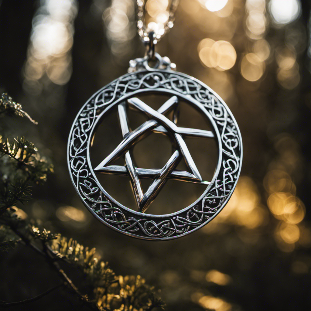An image showcasing a glistening silver pentacle, delicately adorned with intricate engravings, nestled amidst an enchanting woodland backdrop