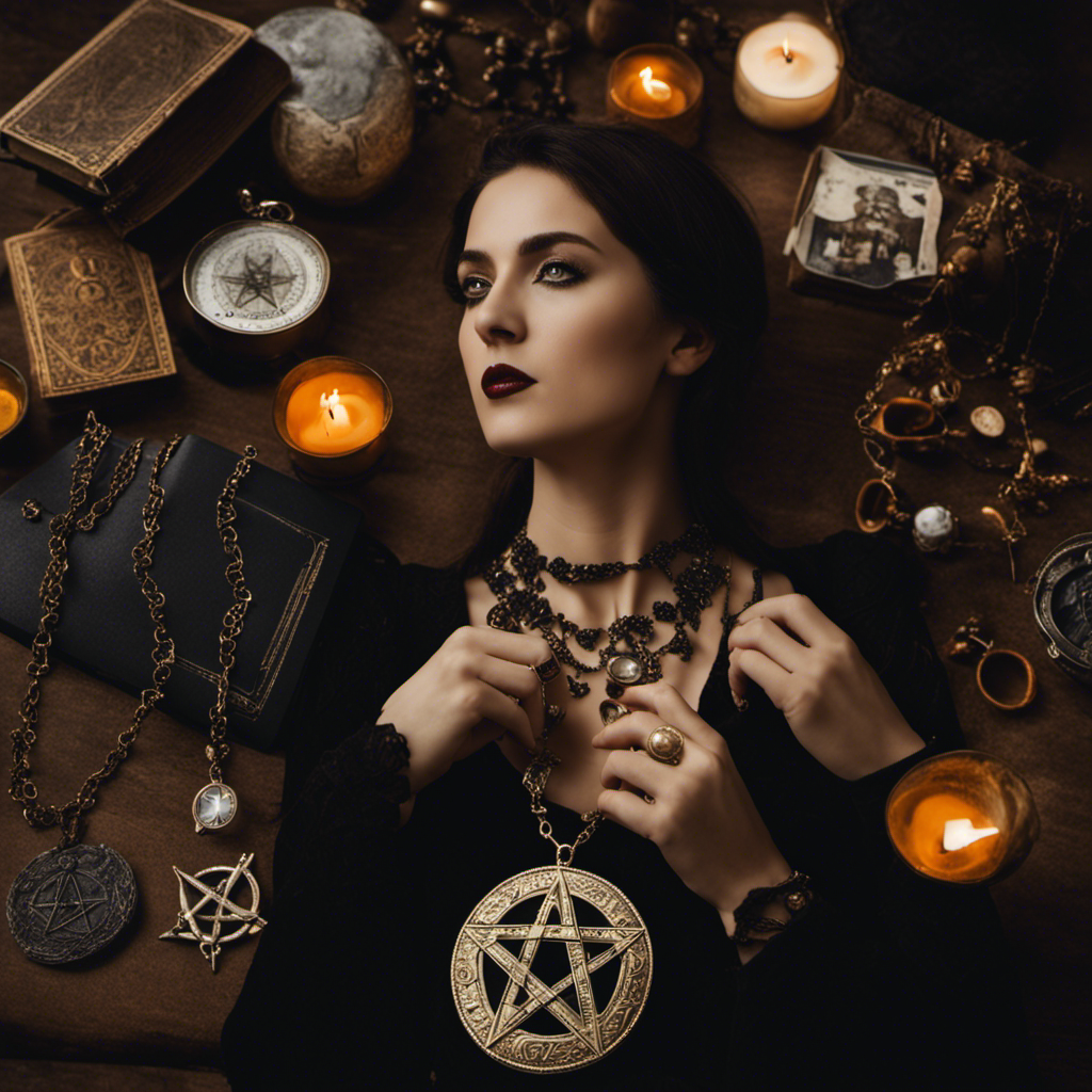 An image of a woman wearing a pentacle necklace, surrounded by various objects representing modern misconceptions (e