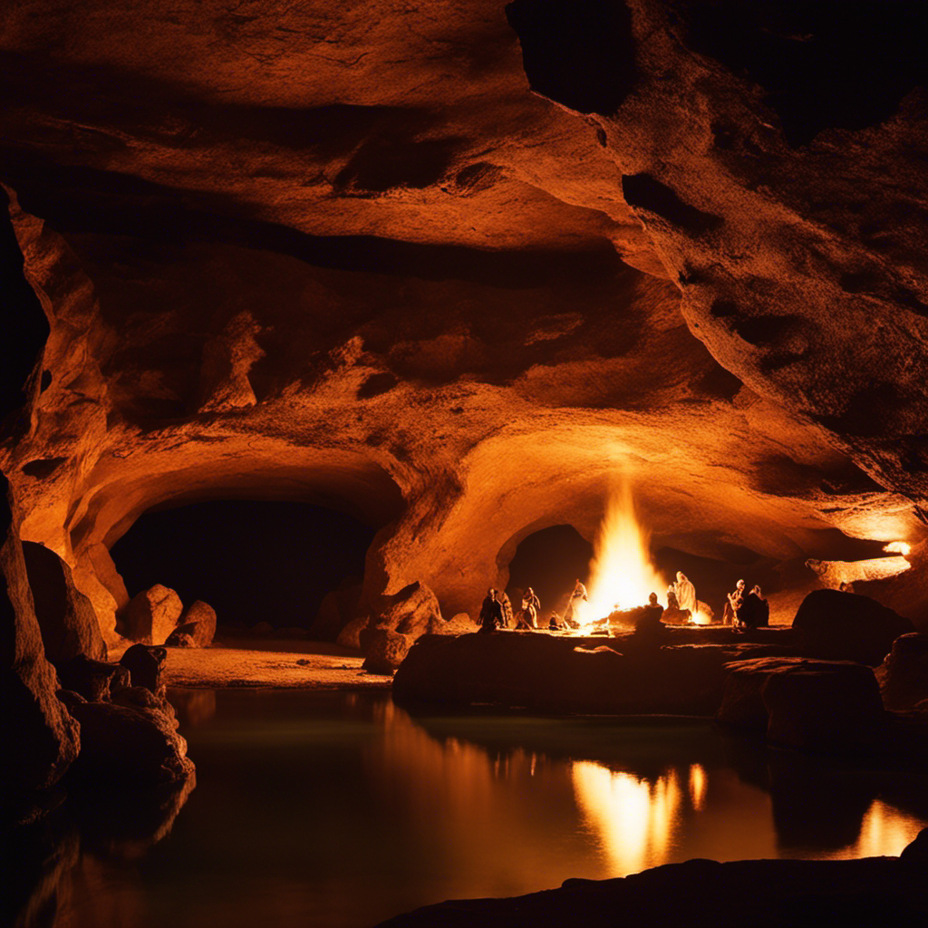 An image depicting a serene cave illuminated by flickering firelight, revealing ancient cave paintings of spiritual rituals, contrasted against modern researchers meticulously studying artifacts, bridging the gap between past and present
