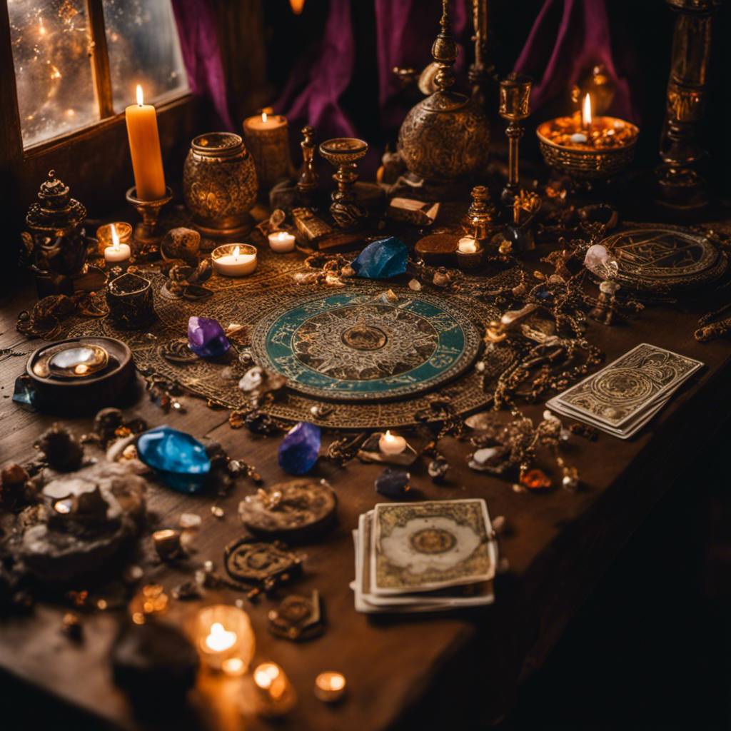 An image showcasing a cluttered table draped with a celestial cloth, adorned with an array of crystals, tarot cards, astrological charts, pendulums, and incense, evoking the eclectic world of New Age beliefs