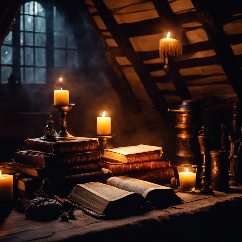 An enigmatic image of a dimly lit attic adorned with ancient spell books, flickering candles casting eerie shadows, a bubbling cauldron emitting a mystical haze, and a broomstick leaning against a cobweb-covered wall, unraveling the secrets of witchcraft