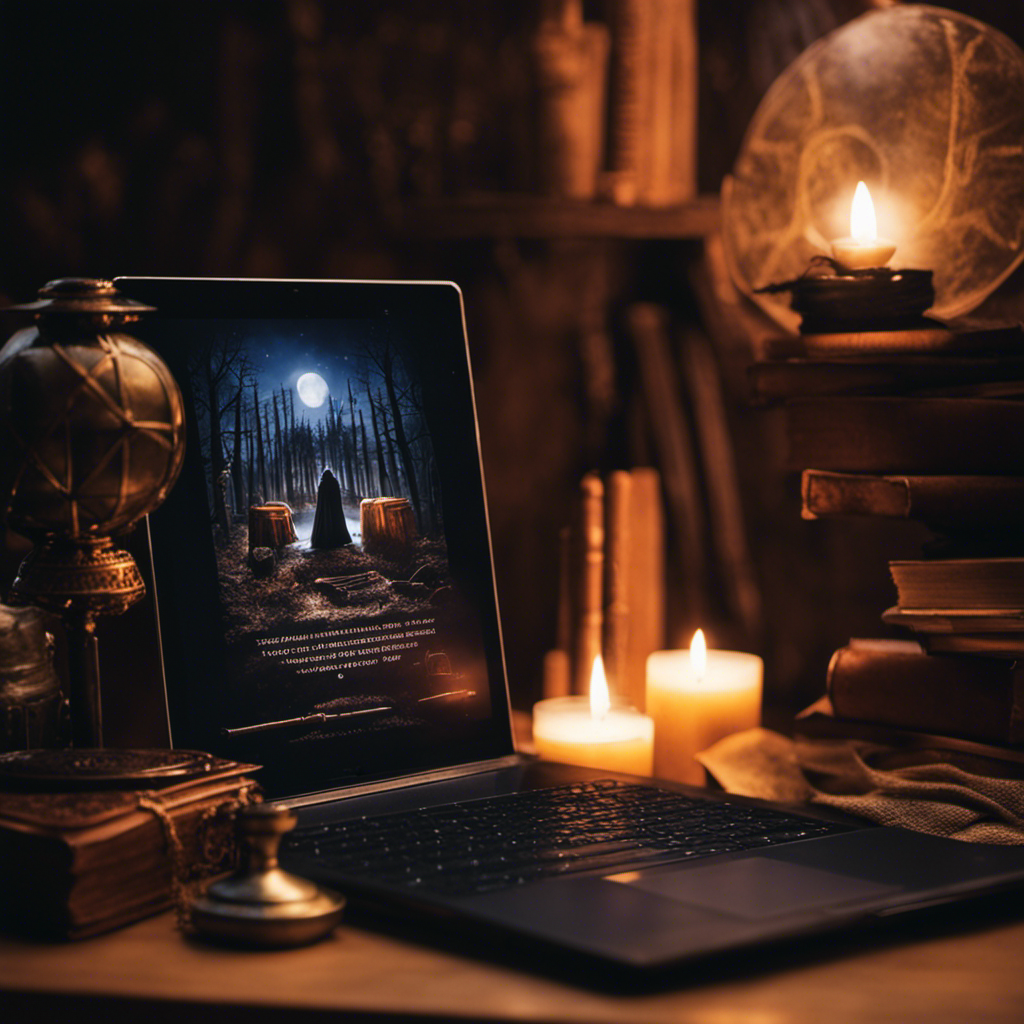 An image showcasing the coexistence of witchcraft and modern society: a mesmerizing, dimly lit room adorned with spell books, tarot cards, and mystical artifacts juxtaposed against a sleek laptop, smartphone, and other contemporary gadgets
