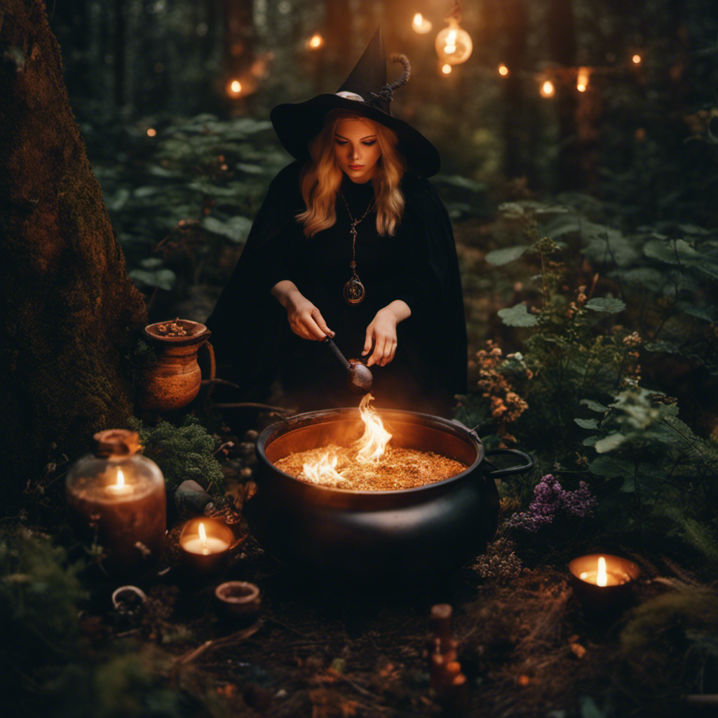 An image showcasing the diverse world of witchcraft: a moonlit forest with a solitary witch brewing potions in a cauldron, while nearby, a coven of witches performs an intricate spell amidst mystical symbols and herbs