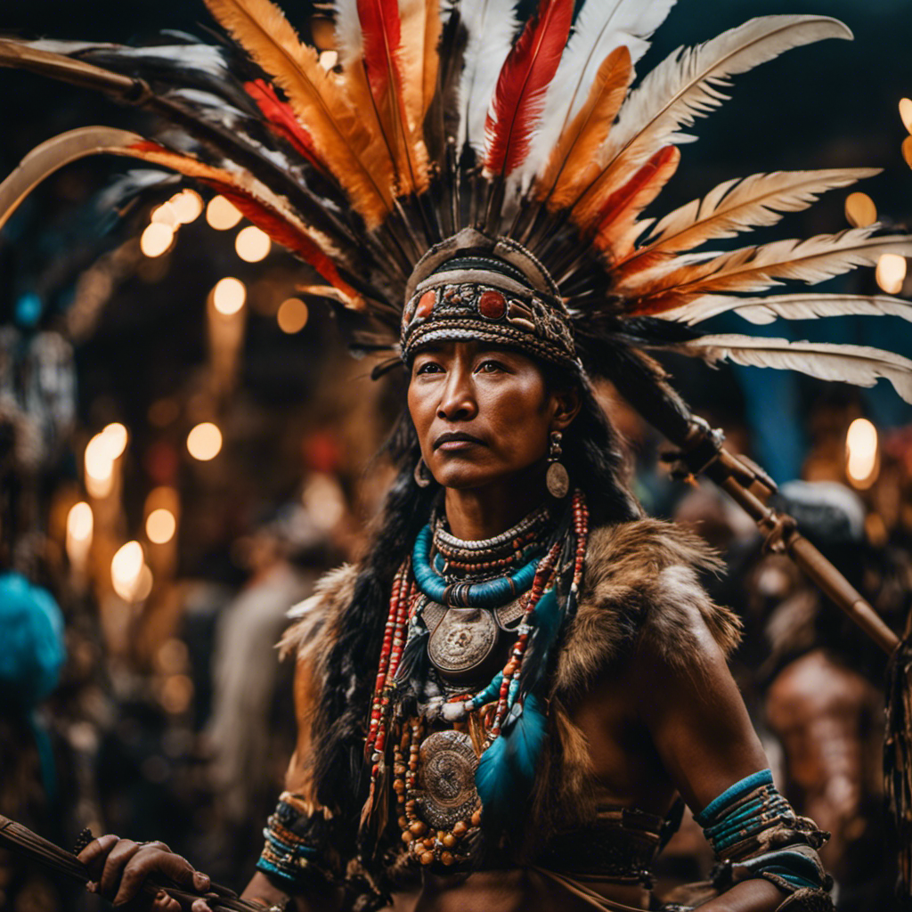 An image that showcases a shaman's sacred space, adorned with an intriguing array of weapons