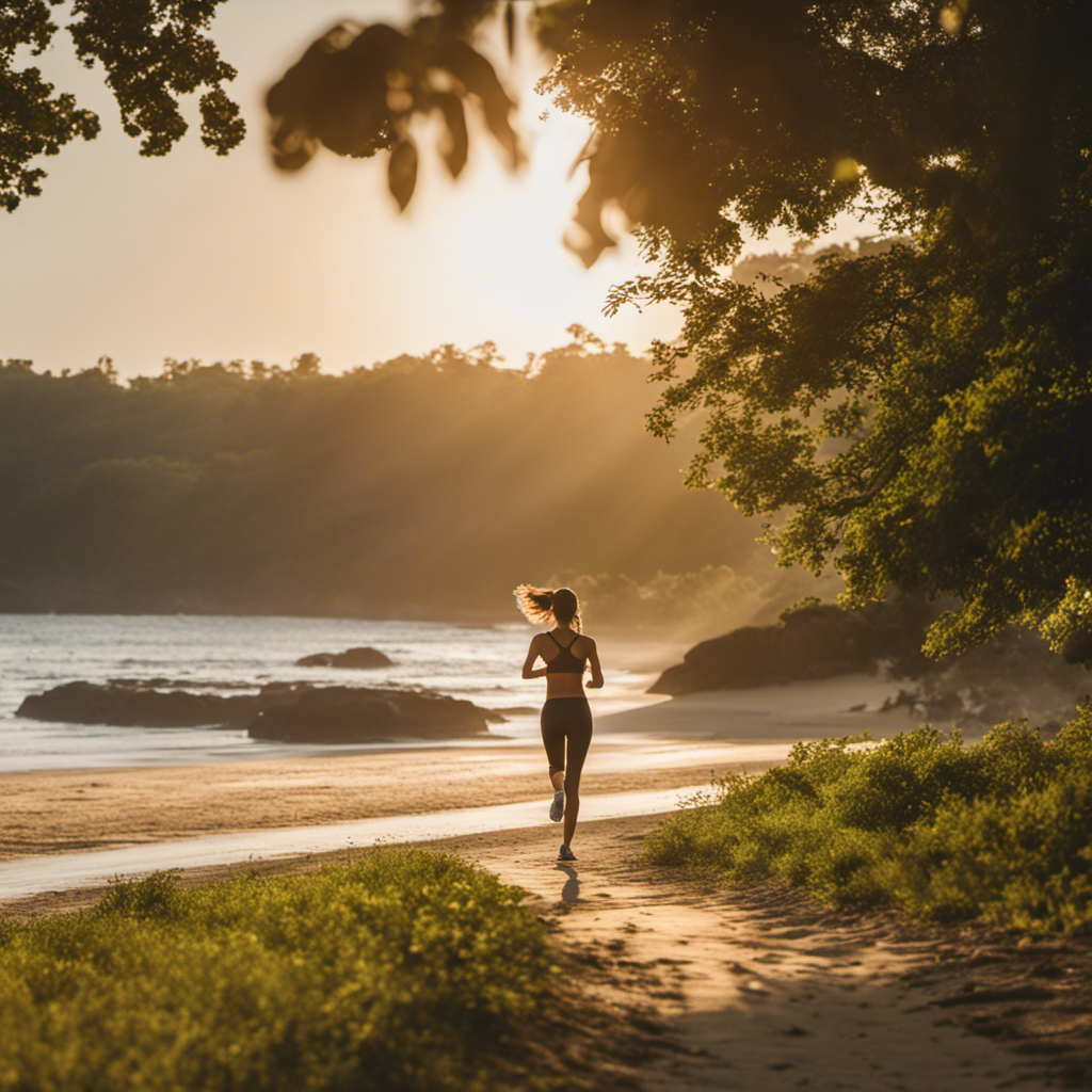 An image showcasing a person jogging along a serene beach at sunrise, surrounded by lush greenery