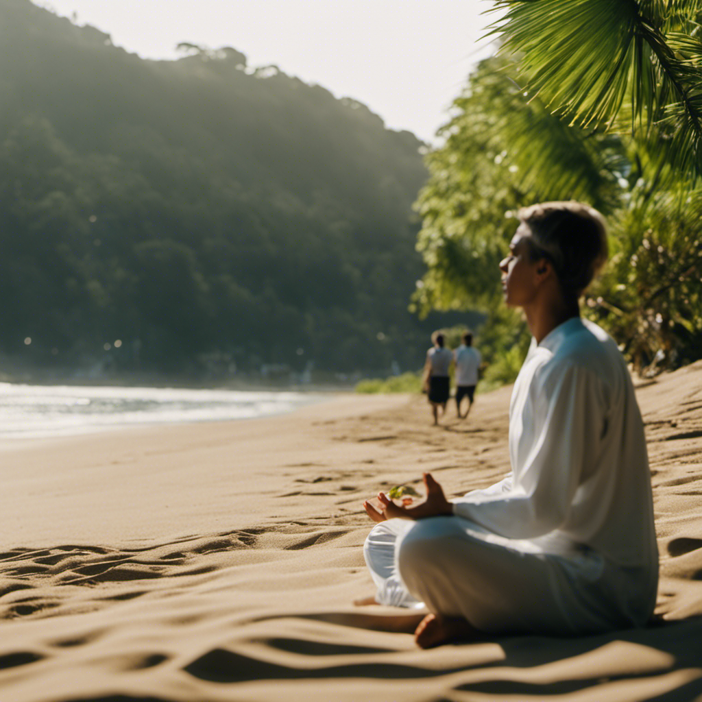 An image depicting a serene beach scene, with a person meditating on the sand, another practicing mindful eating near a picnic, a group engaged in a walking meditation, and a person practicing yoga amidst lush greenery