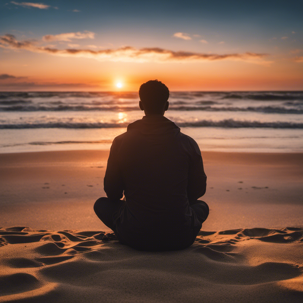 An image depicting a serene beach scene, showcasing a person sitting cross-legged on the sand, eyes closed, hands gently resting on their knees, surrounded by softly crashing waves and a vibrant sunset sky