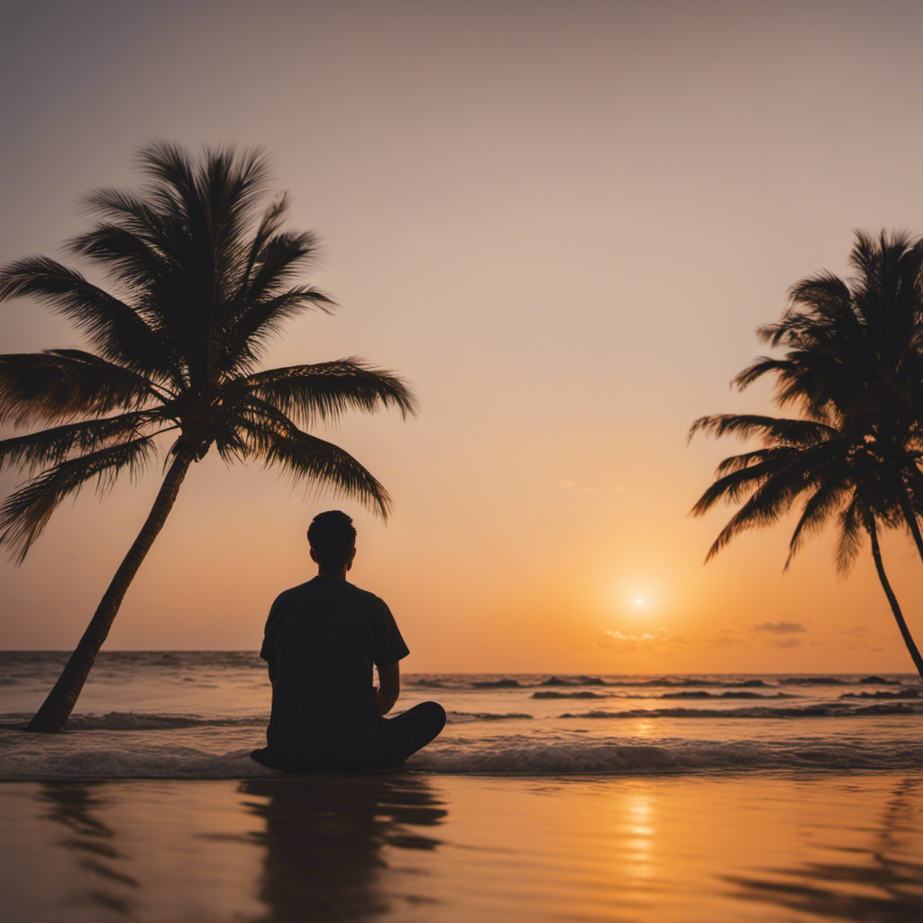An image that showcases a serene beach, with a person sitting cross-legged on the sand