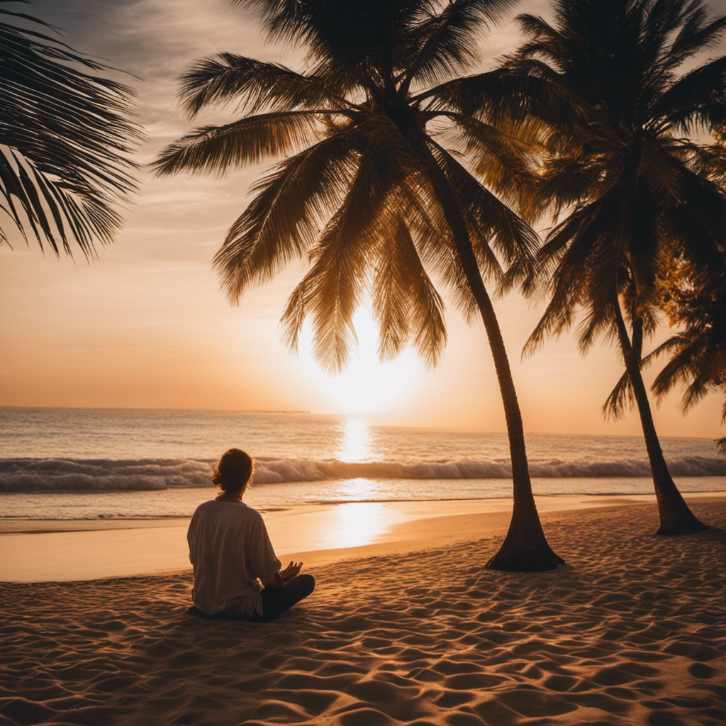 An image that showcases a serene beach, with a person sitting cross-legged on the sand