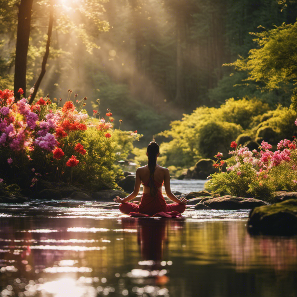 An image showcasing a serene, sunlit forest with a peaceful river flowing through it