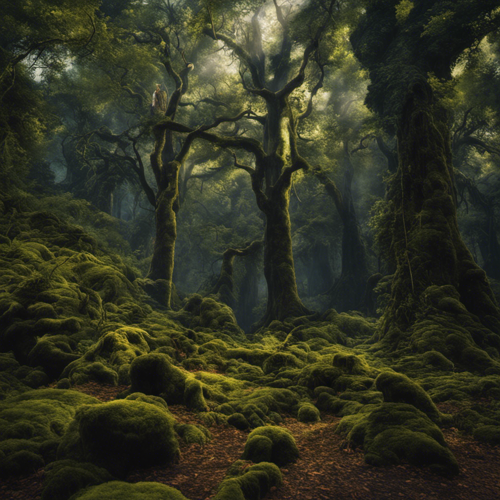 An image showcasing an expansive, mystical forest with towering ancient trees, adorned with vibrant foliage