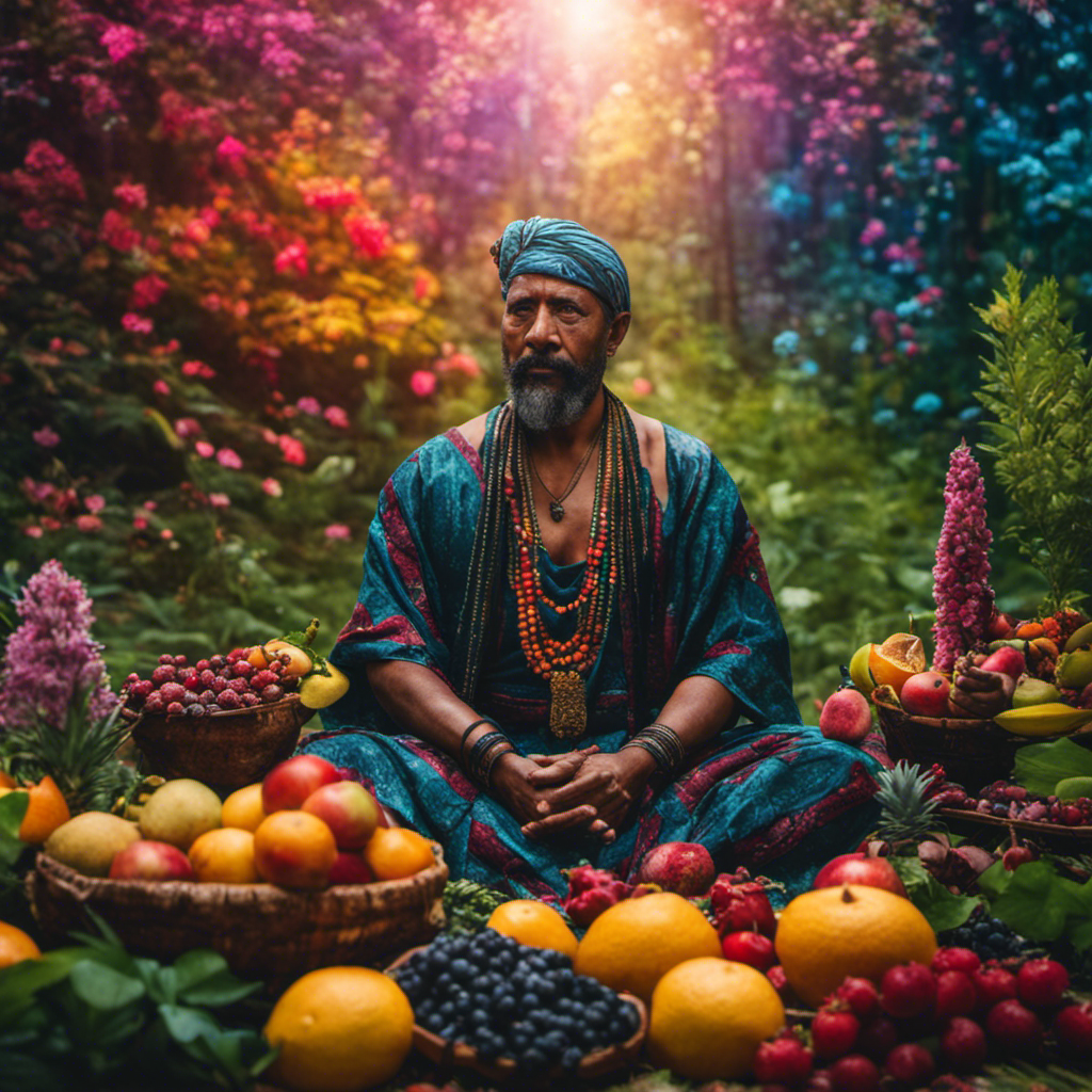 An image of a vibrant, lush forest clearing with a shaman sitting cross-legged, surrounded by an abundance of colorful fruits, healing herbs, and aromatic flowers, emanating a serene energy of nourishment and spiritual connection