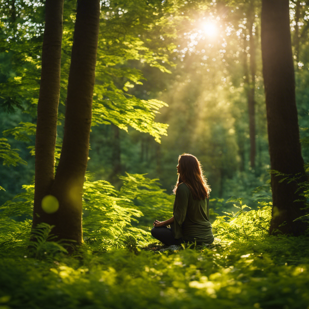 An image that captures the serenity of a person seated in a lush, vibrant forest, surrounded by gently swaying trees and sunlight filtering through the leaves, conveying the profound impact of meditation and mindfulness on inner peace and connection with nature