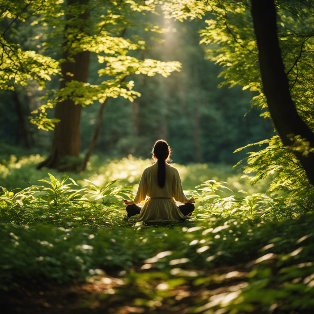 An image that captures the serenity of a person seated in a lush, vibrant forest, surrounded by gently swaying trees and sunlight filtering through the leaves, conveying the profound impact of meditation and mindfulness on inner peace and connection with nature